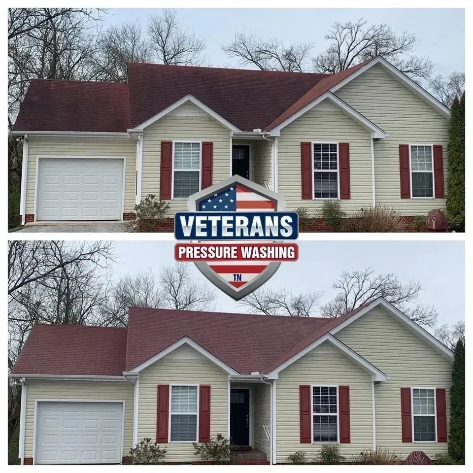 Before and after pressure washing, red-roofed house with tan siding; Veterans Pressure Washing logo in the center.