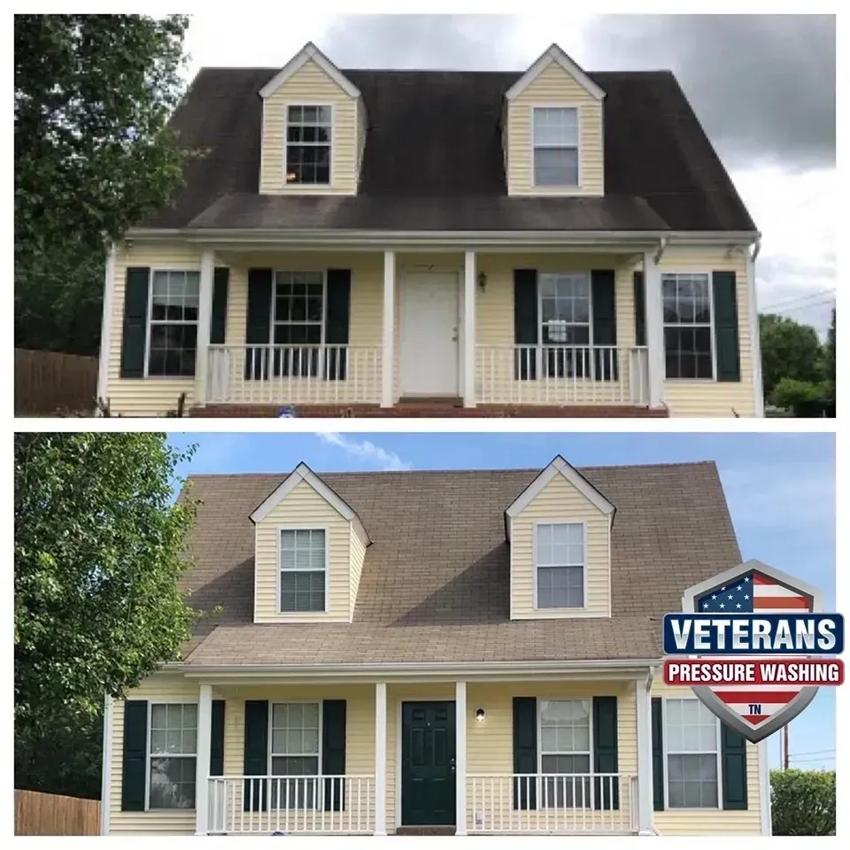 Before/after of a yellow house roof cleaned by Veterans Pressure Washing. Roof looks cleaner, and siding is brighter.