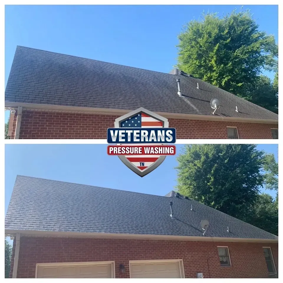 Before and after view of a brick house roof cleaning. Roof is darker after pressure washing.  Logo includes USA flag.