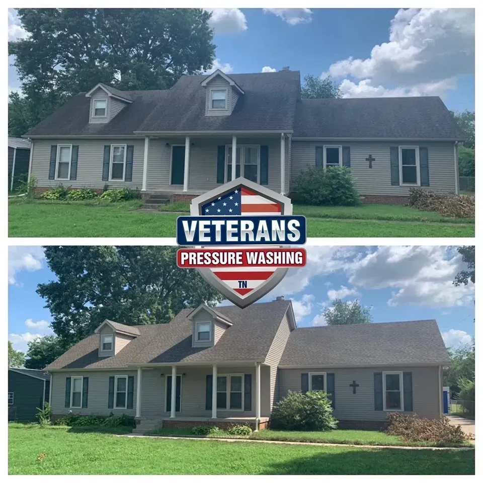 Before and after pressure washing of a house; dirty roof and siding cleaned to original color.