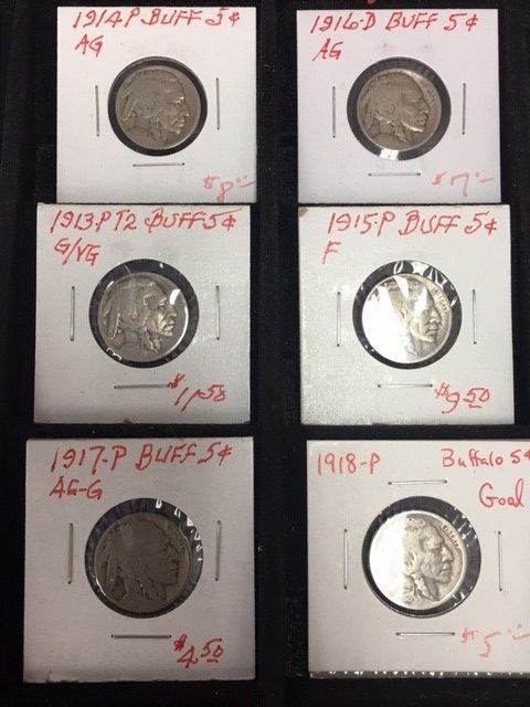 A collection of buffalo nickels from 1917 and 1918
