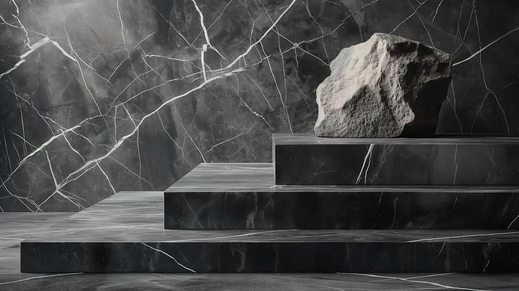 A large grey rock rests on a black marble step display, against a marble wall with white veins.
