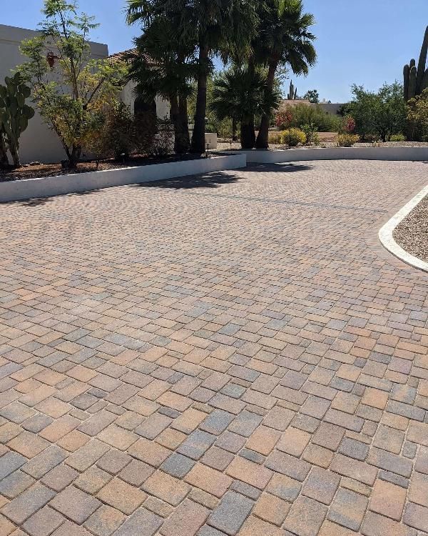 Paved driveway with multi-colored square pavers. Palm trees, desert plants, and a white border are in the background.