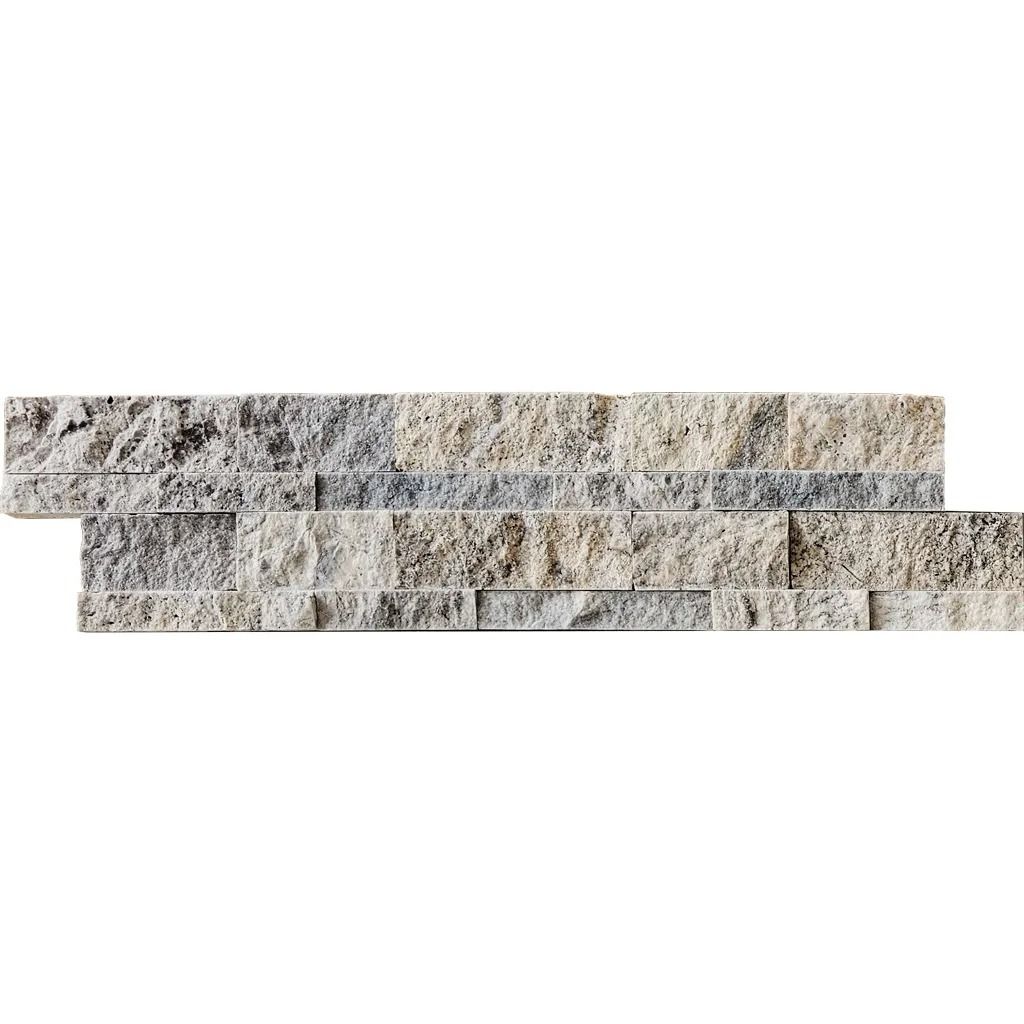Stone tile in shades of gray and beige, arranged in a staggered pattern.