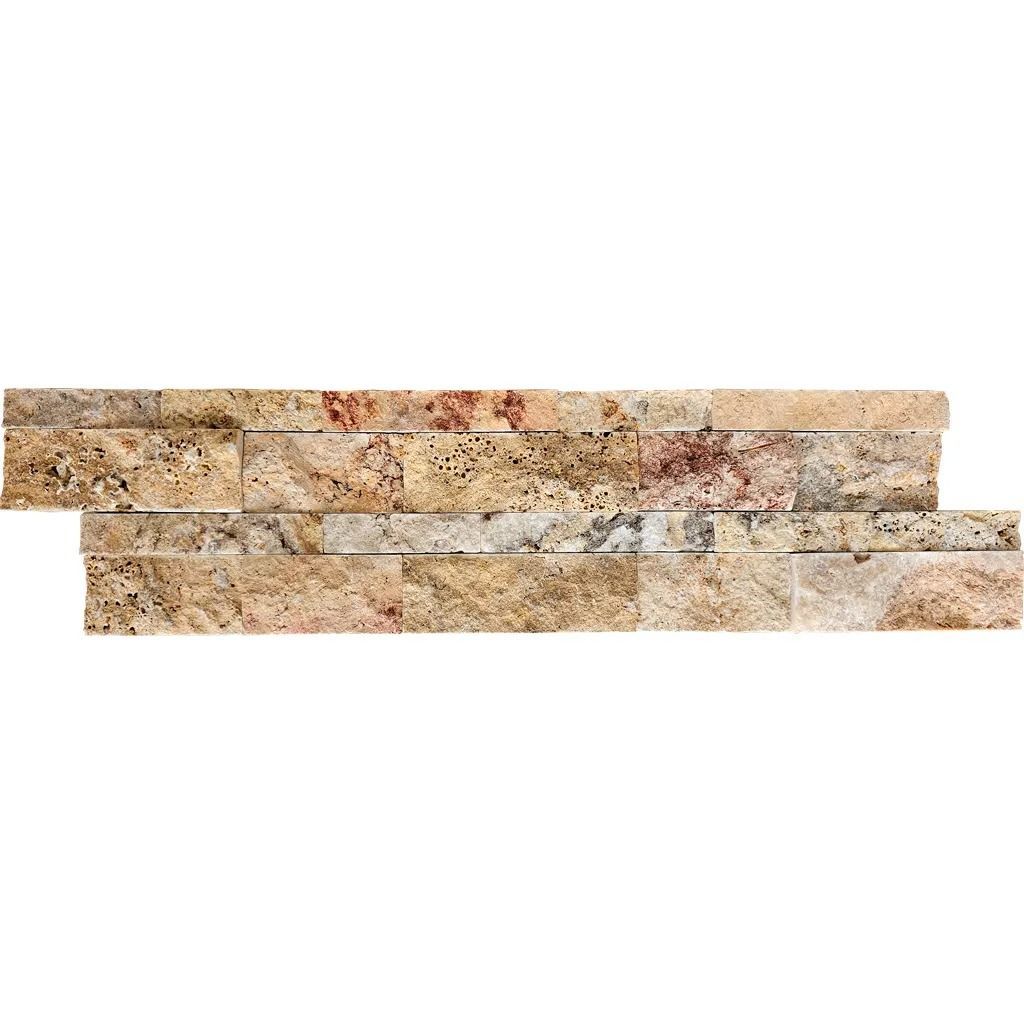 Stacked stone tile in shades of beige, gold, and red.