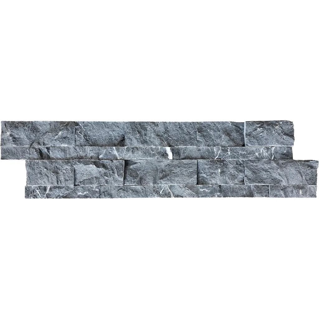 Gray stone veneer tile in a linear pattern.