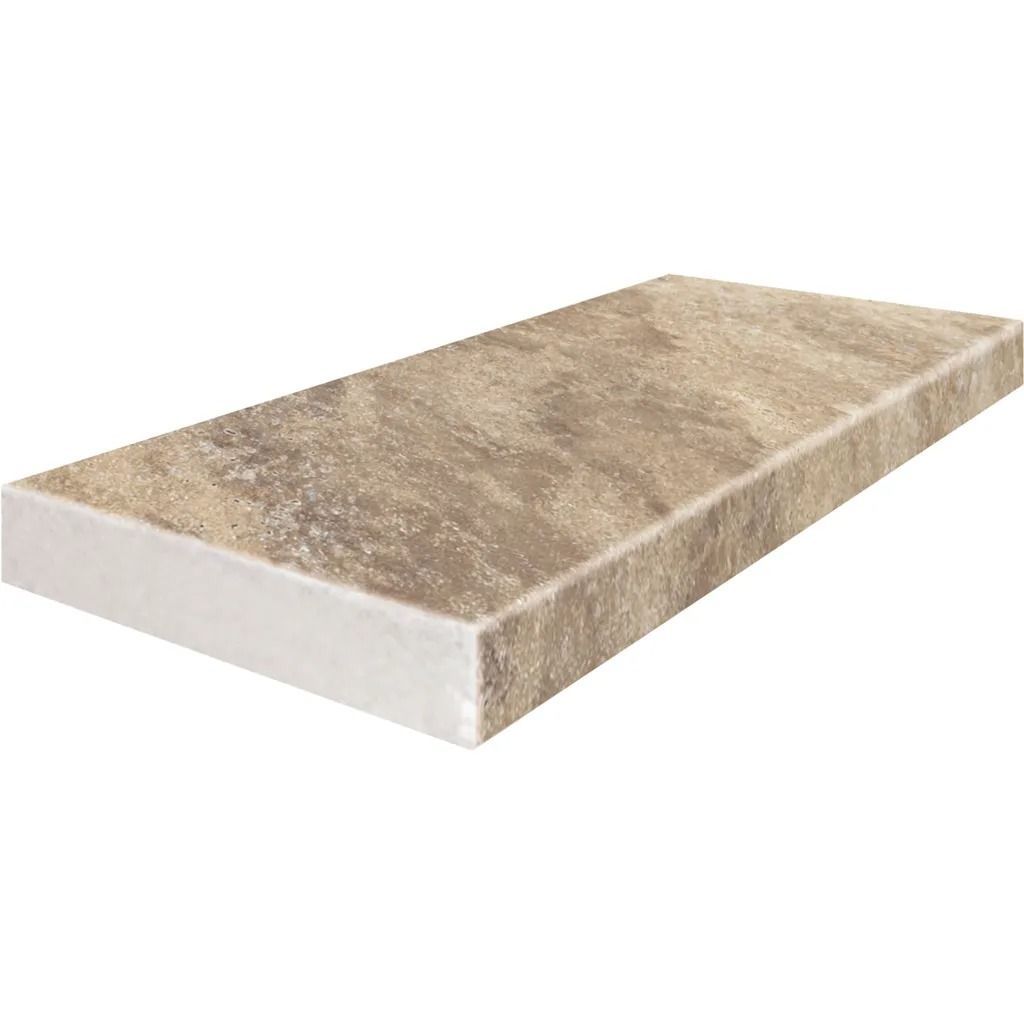Beige-toned stone ledge with a textured surface and white underside.