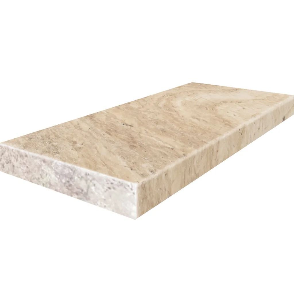 Beige and gray marble slab, with a patterned surface and straight edges.