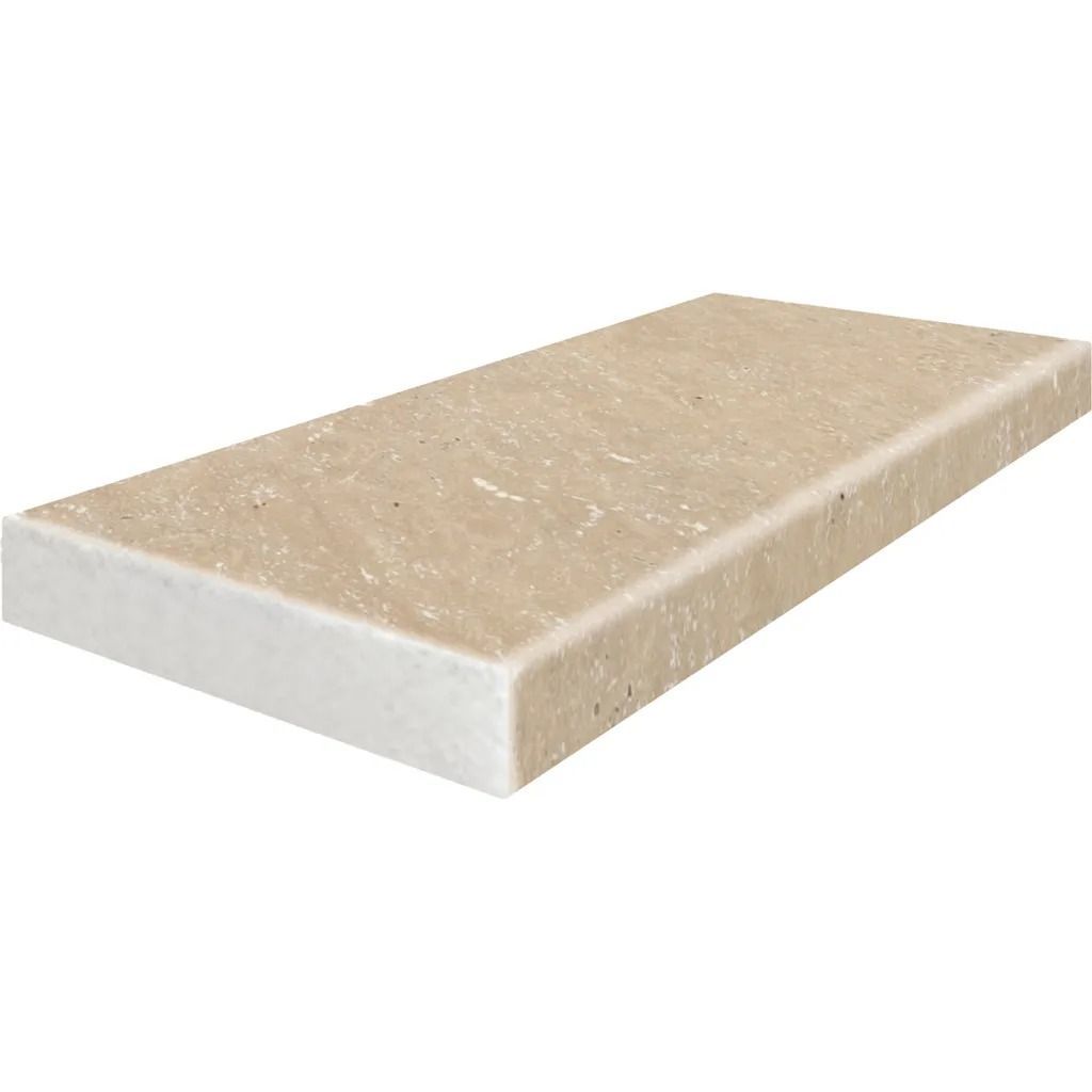 Beige travertine tile with white edge, angled view.