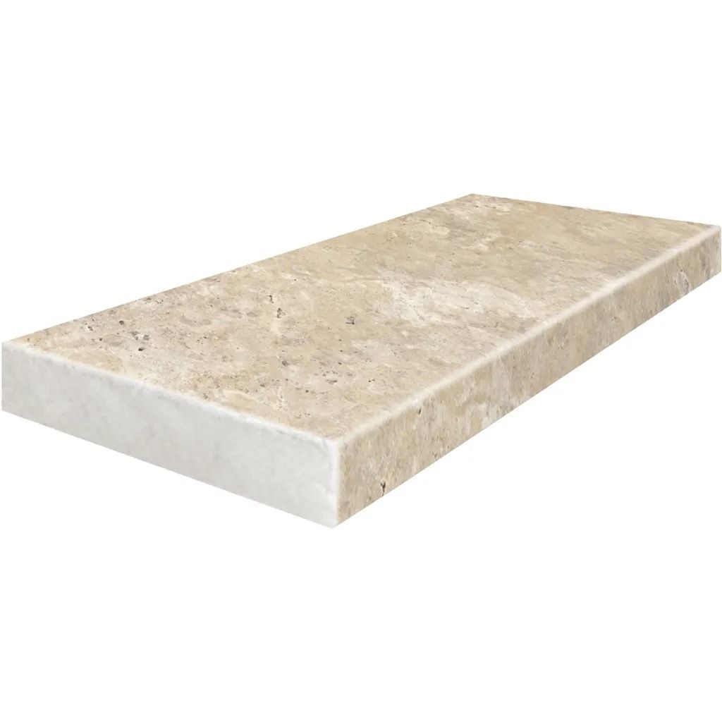 Beige travertine stone slab with a white edge.