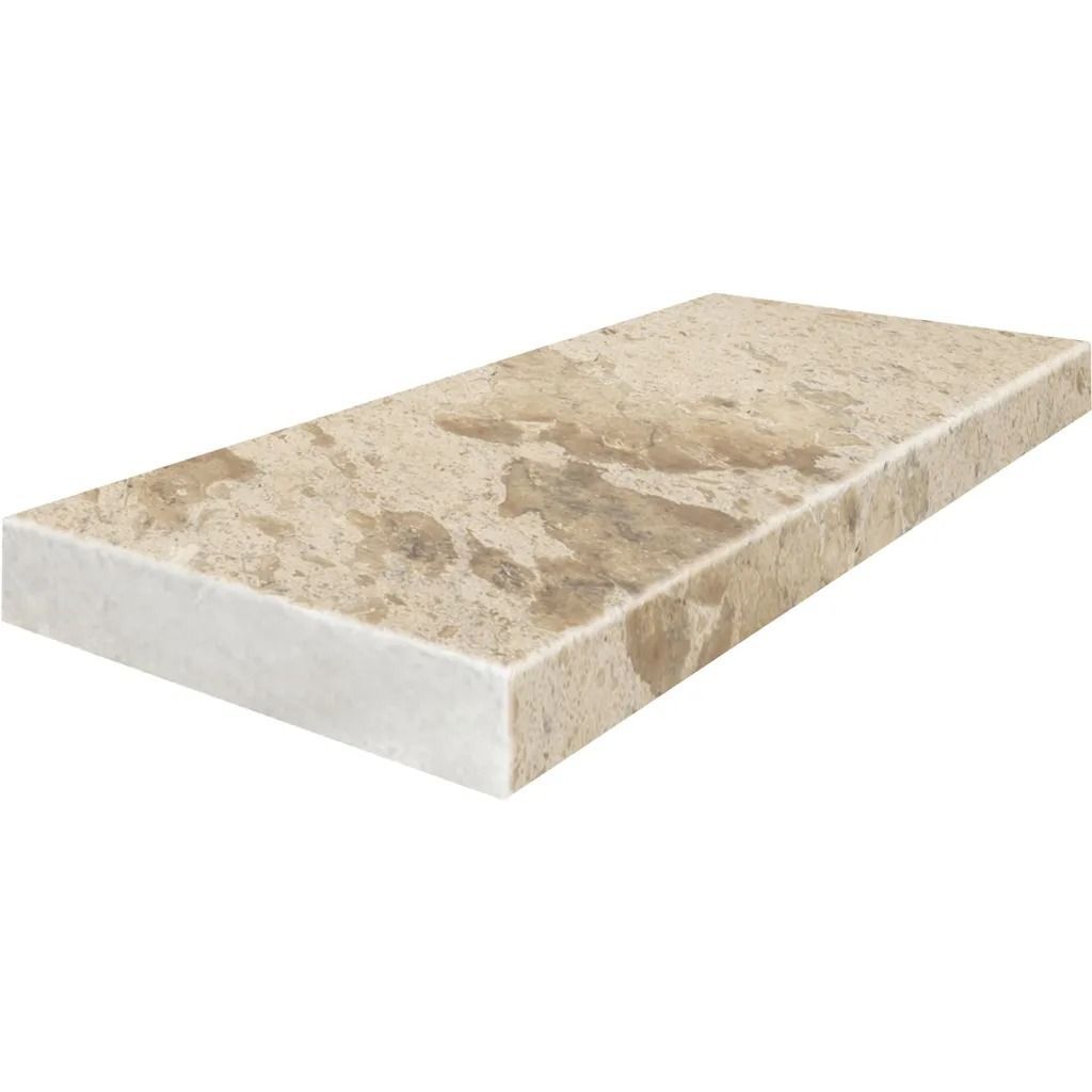 Beige and brown stone countertop with a white edge.