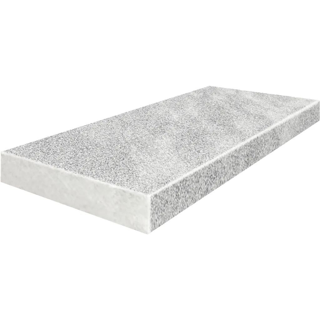 Gray granite countertop with white edges.