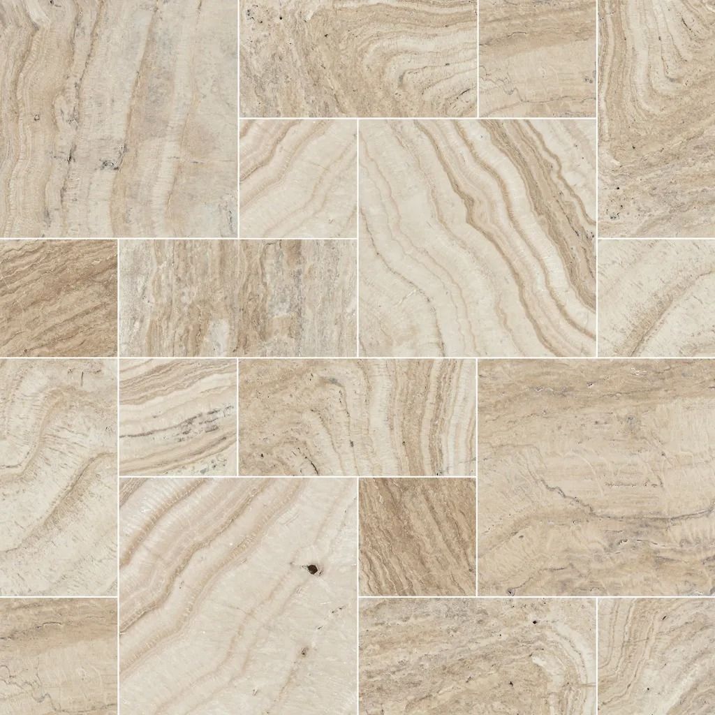 Beige and brown travertine tile flooring, with a mix of rectangular and square pieces.