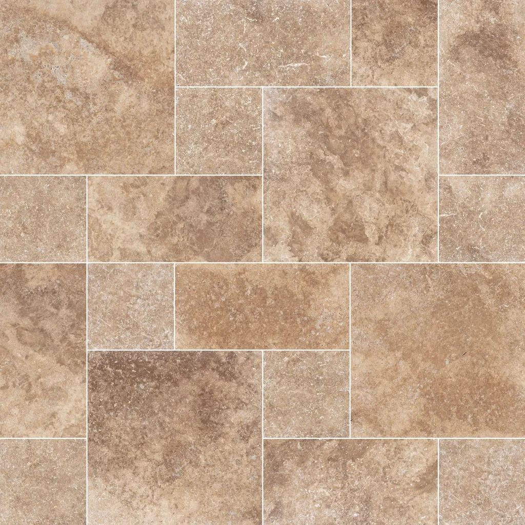Beige and brown textured tile flooring in a rectangular pattern with white grout lines.