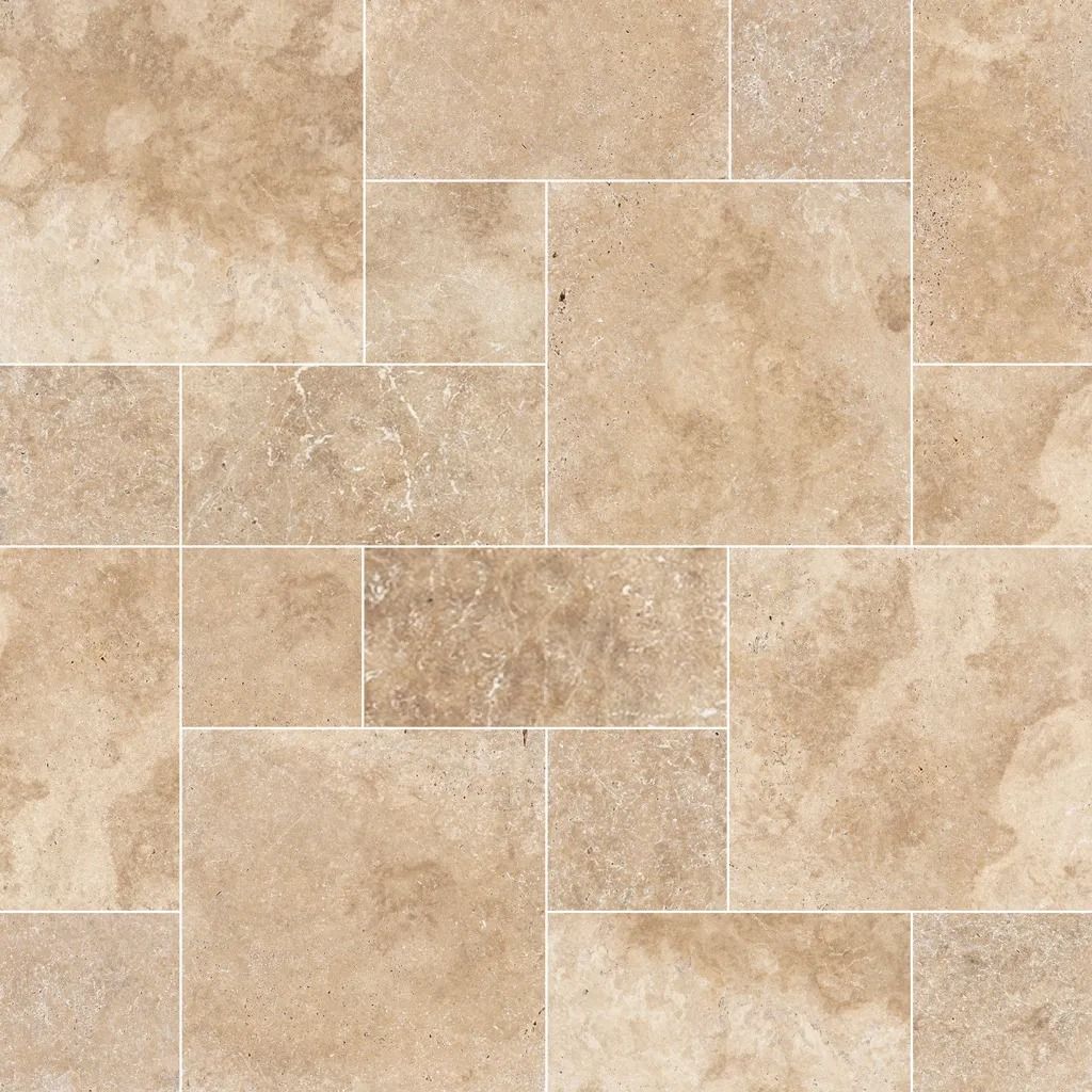 Tan travertine tile floor in a random rectangular pattern.