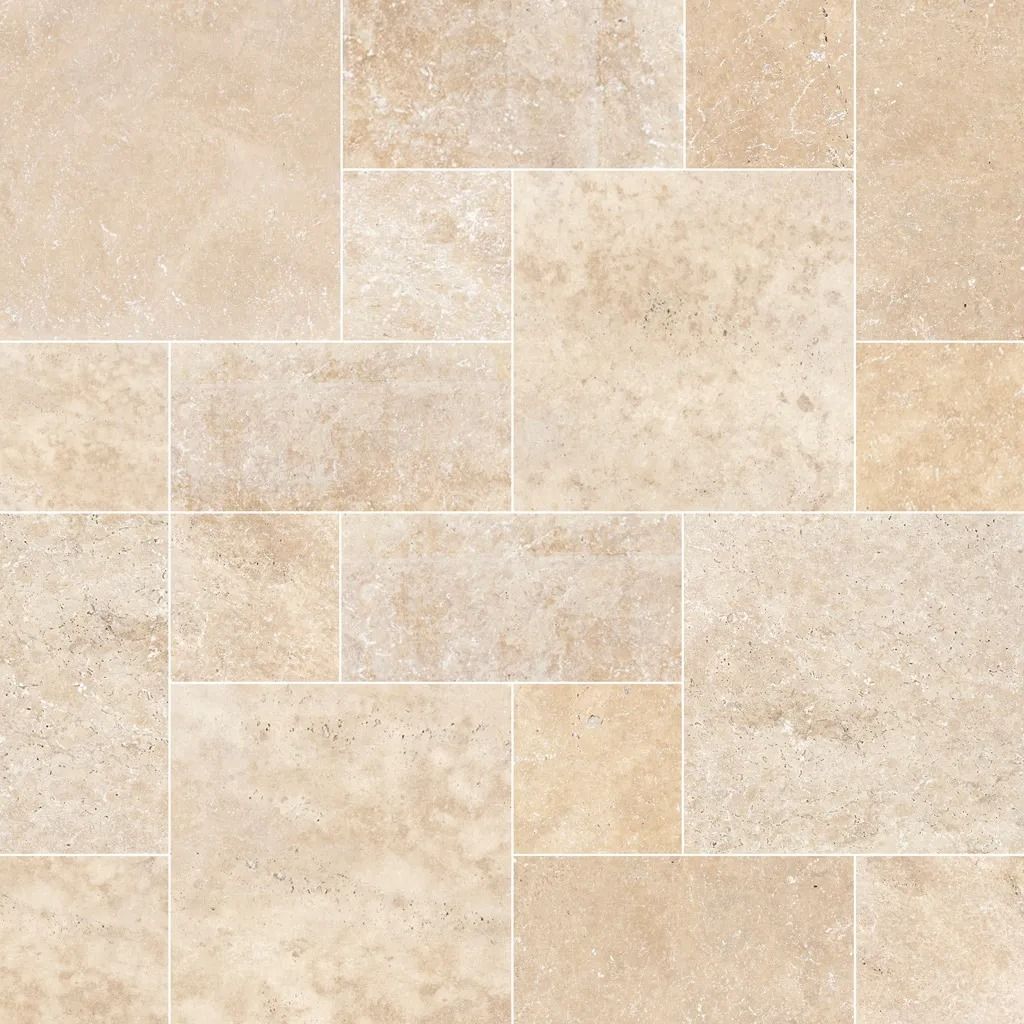 Beige stone tile pattern with various rectangular and square shapes.
