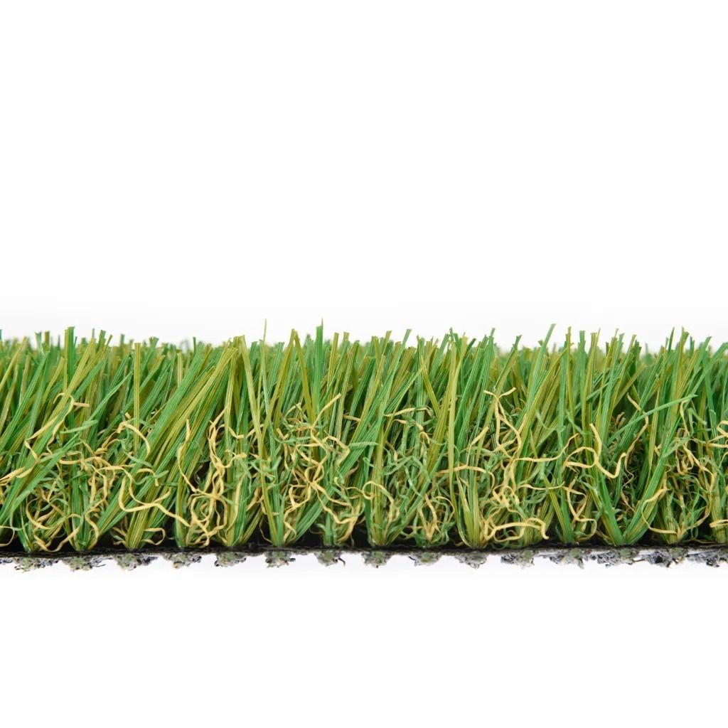 Artificial turf close-up, showing green and yellow blades, black base, white background.