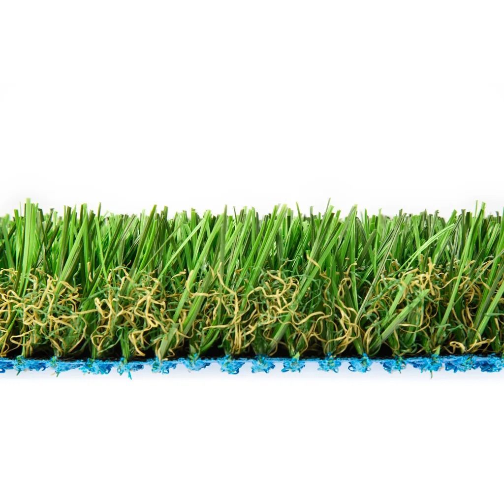 Artificial turf with green and tan blades, and a blue backing.