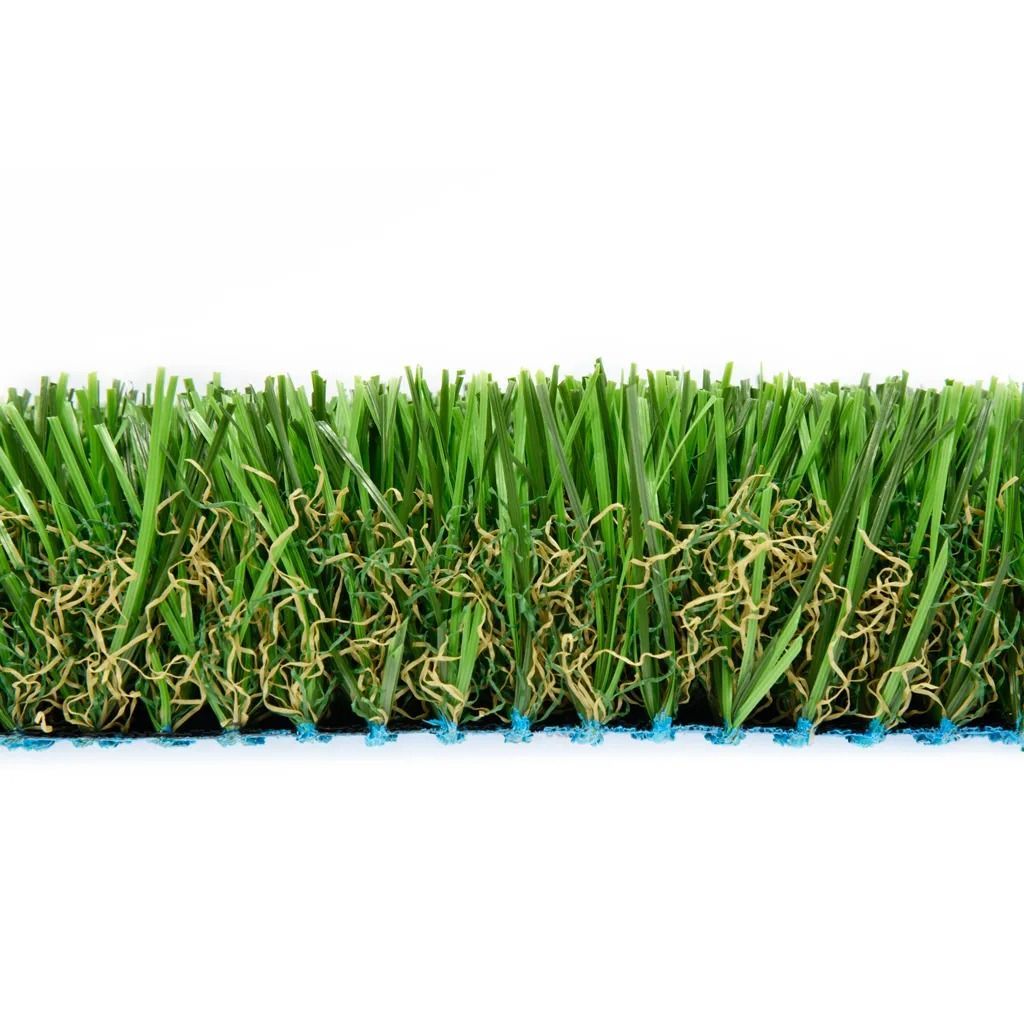 Artificial turf with green and tan blades, blue backing.