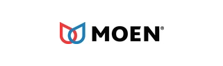 The moen logo is red and blue on a white background.