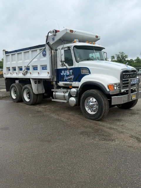 White dump truck parked on a wet road under cloudy skies
