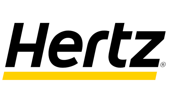 Hertz logo in black italics with a yellow underline on a white background