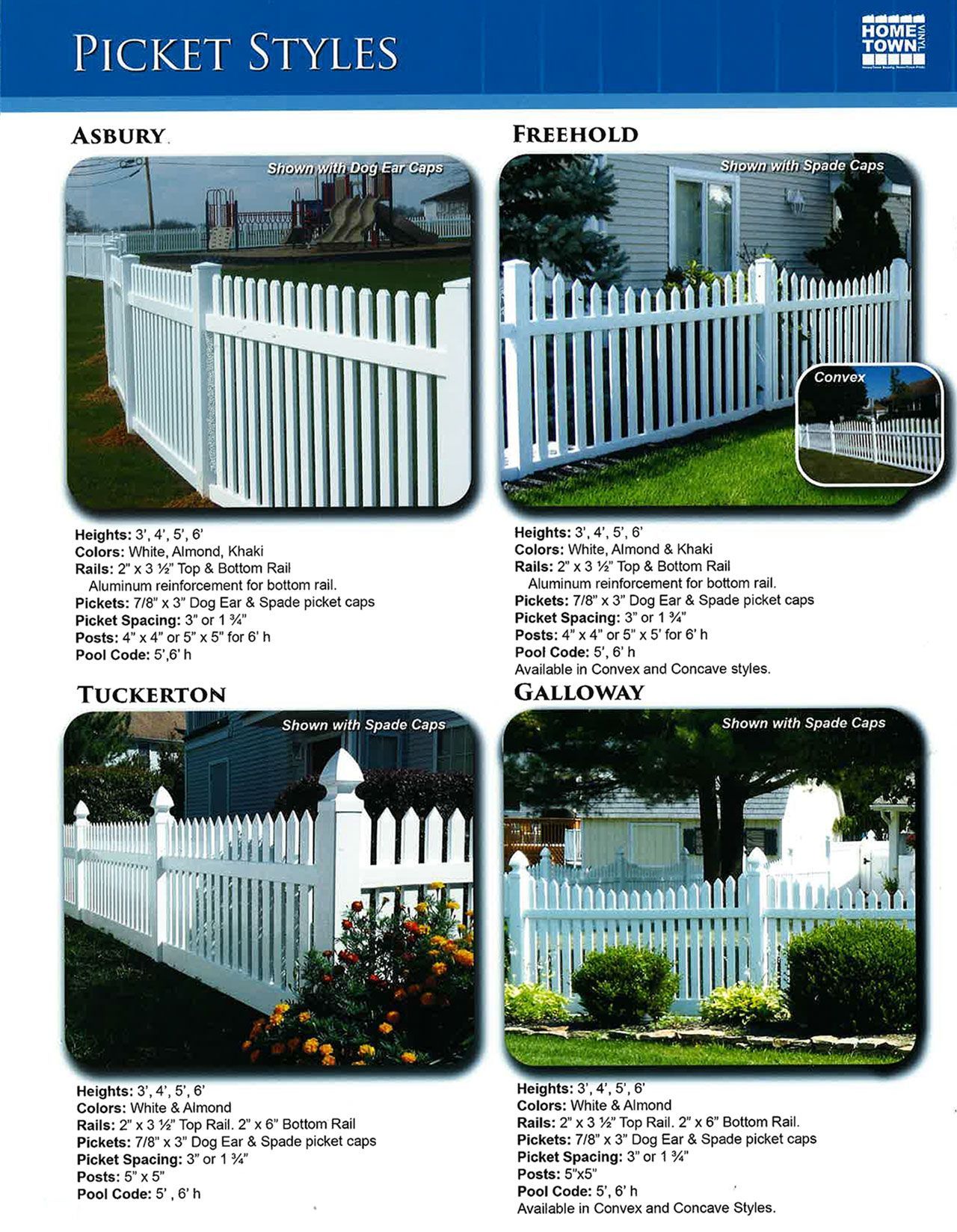 A brochure for picket fences shows four different styles
