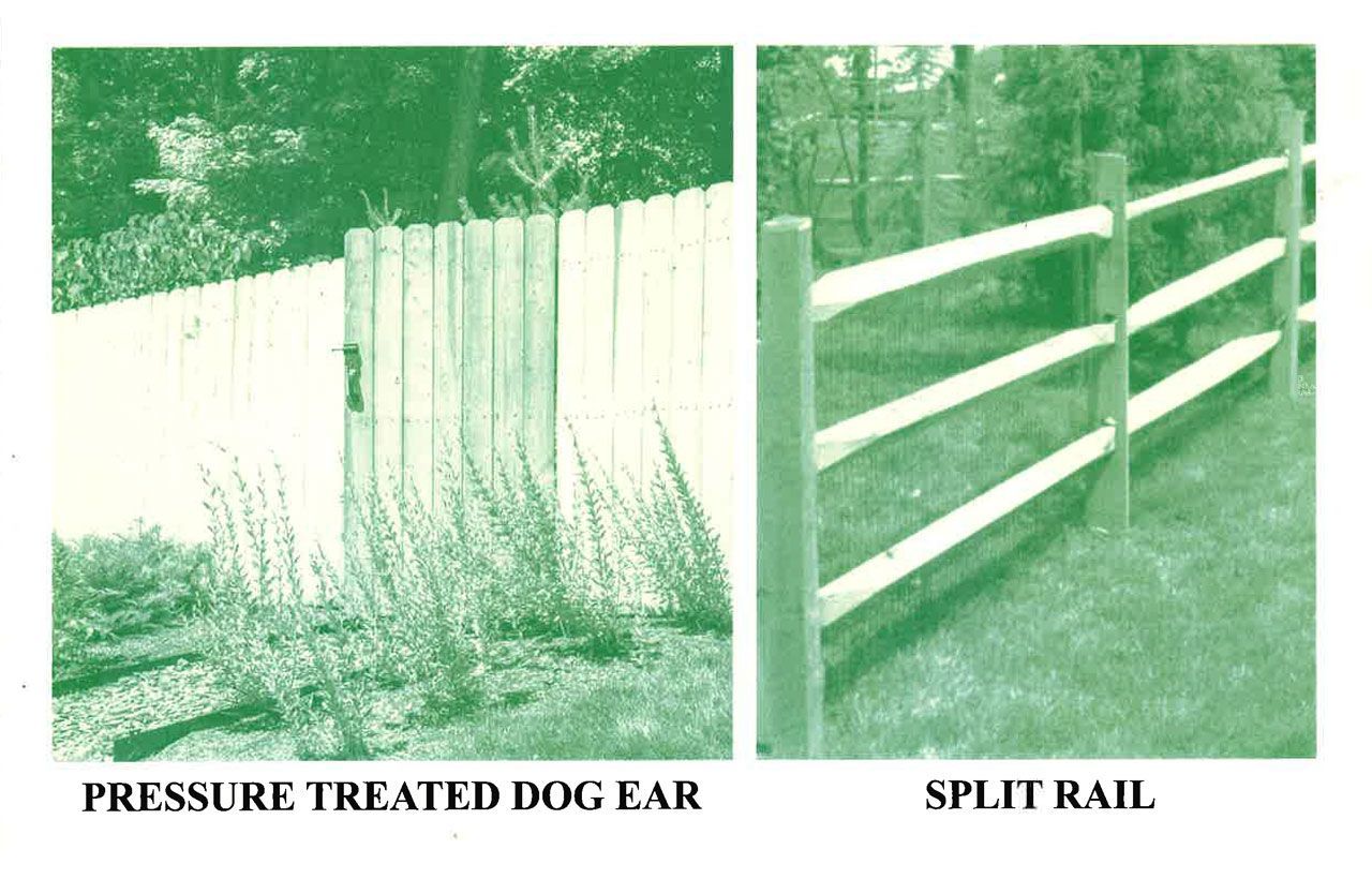 A picture of a pressure treated dog ear and a picture of a split rail fence