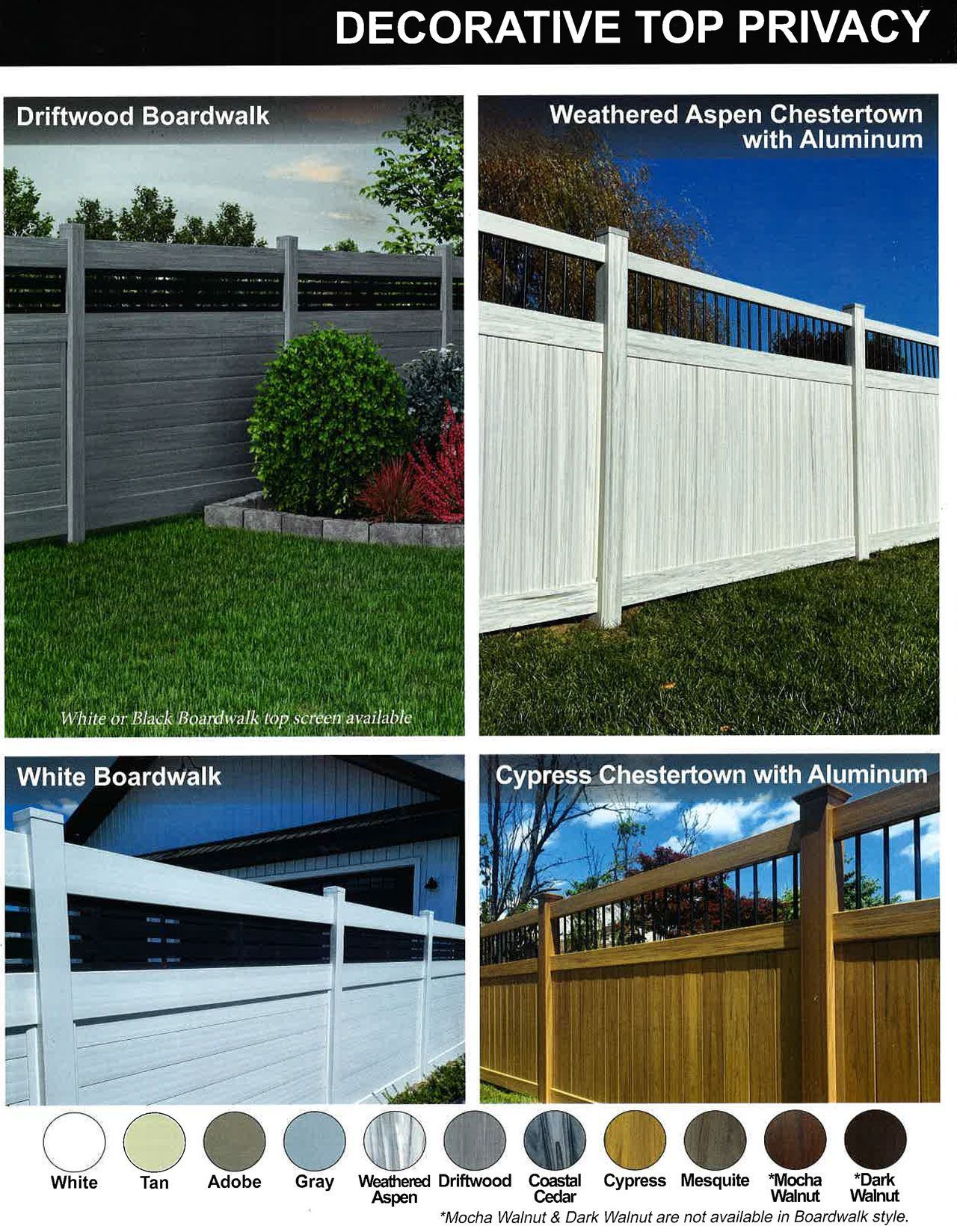 A brochure for decorative top privacy shows different types of fences