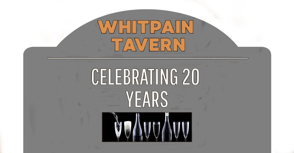 Sign for Whitpain Tavern, celebrating 20 years. Gray and brown colors.