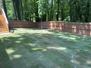 Shaded backyard lawn with trees, wooden fence, and part of a deck or stairway on the left