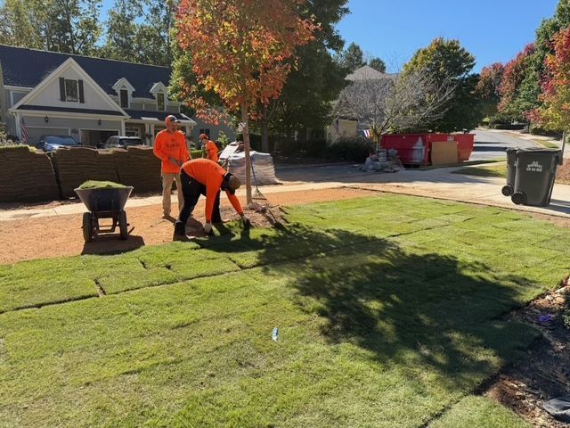 Suburban sidewalk with lawn and trees; sprinkler sprays water near the curb on a sunny day