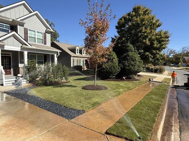 Landscaped backyard with green lawn, stone path, shrubs, and trees beside a house