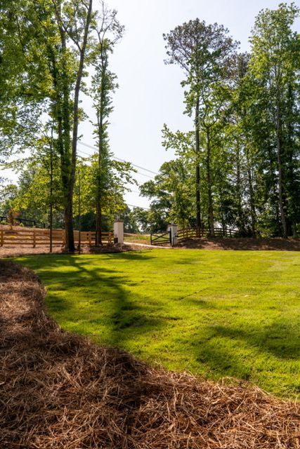 Sunny grassy park with tall trees, wooden fence, and mulch in the foreground