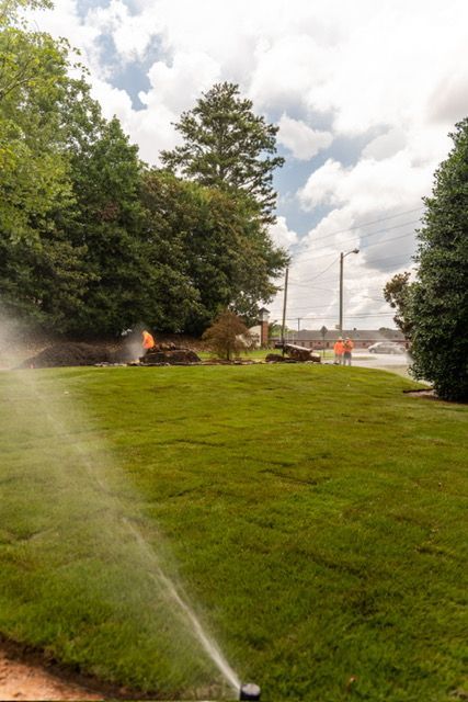 Sprinkler watering a green lawn beside trees and a cloudy sky