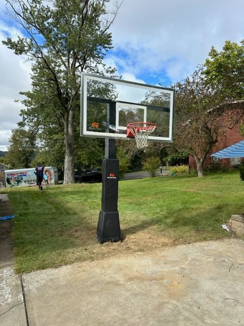 Outdoor basketball hoop in a grassy yard with trees and a concrete driveway.