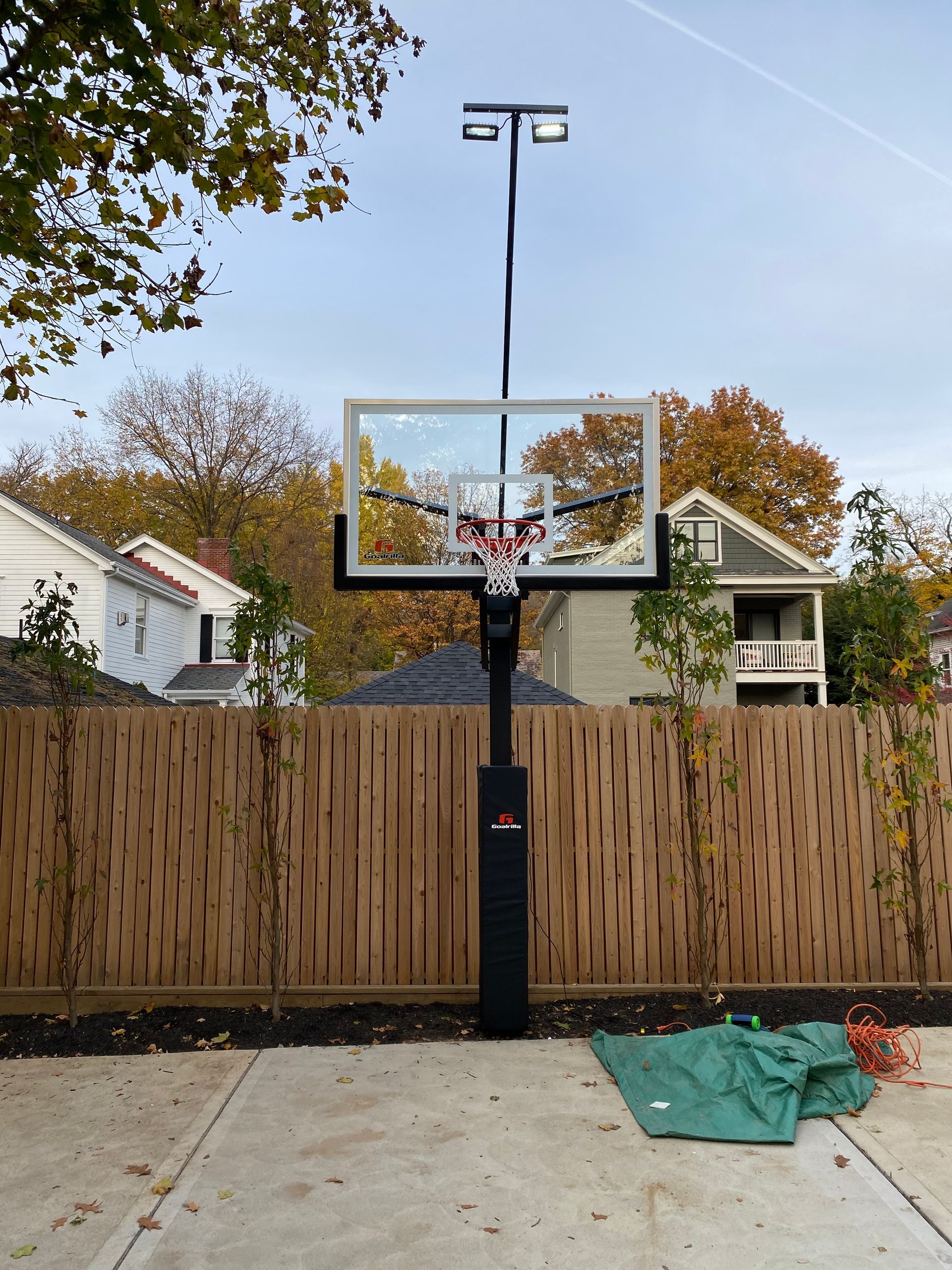 Backyard basketball hoop on concrete driveway with wooden fence and autumn trees behind it