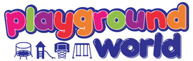 Colorful &ldquo;playground world&rdquo; logo with purple playground icons underneath