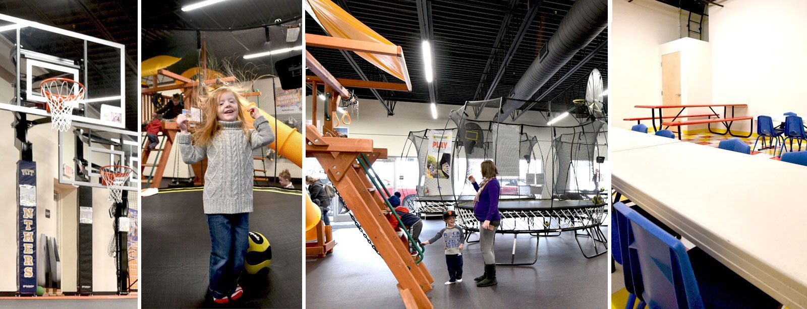 Collage of warehouse automation: workers among conveyors, orange stairs, and machinery in a bright industrial space