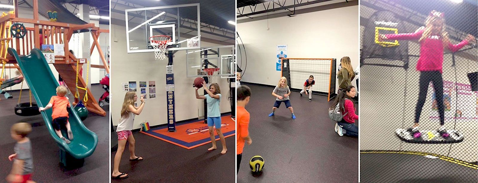 Children playing in a gym, using a slide, basketball hoop, and balance board