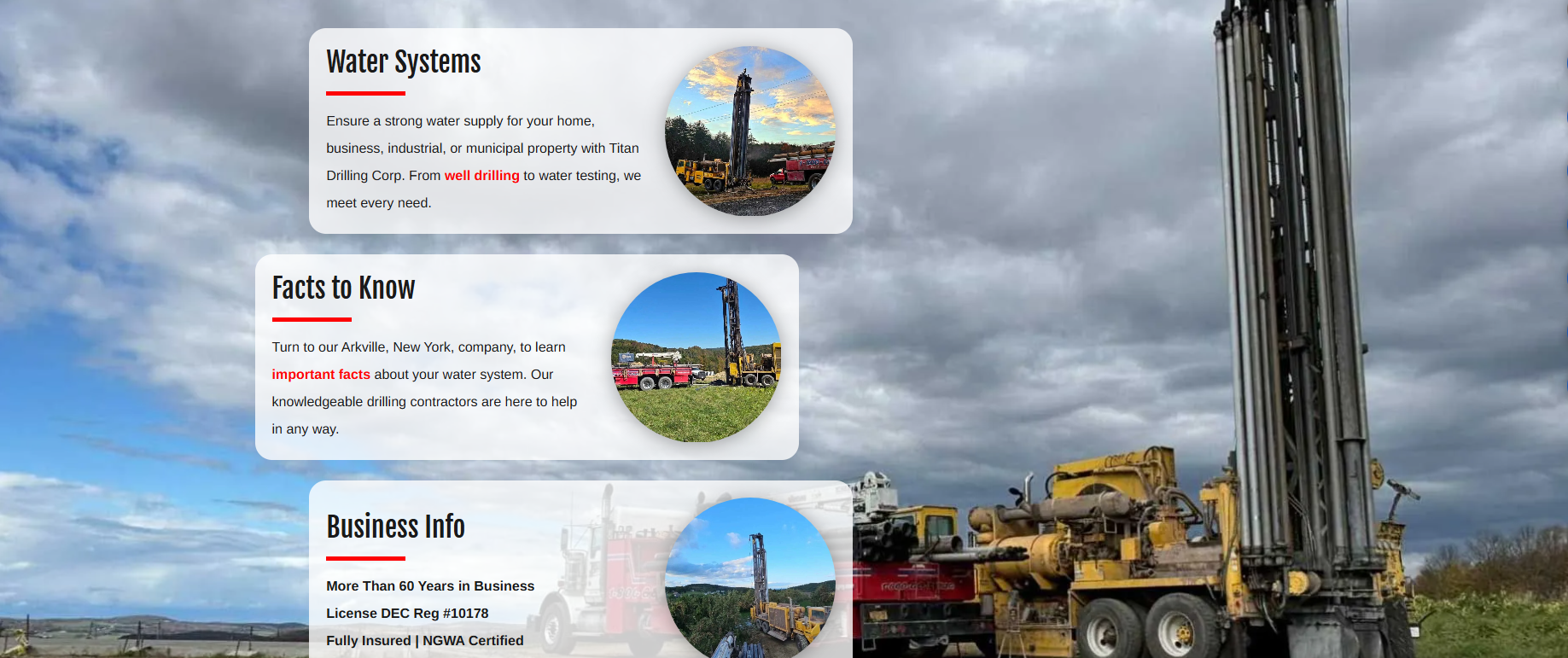 Drilling rig with company information boxes in front of a cloudy sky.