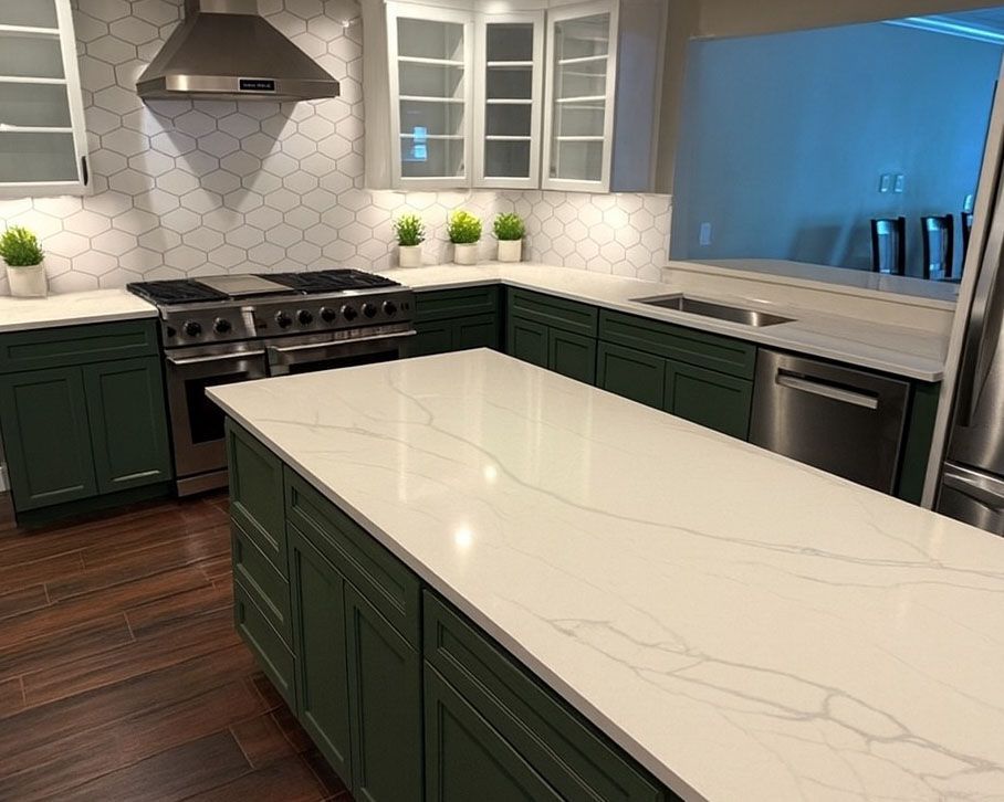Bright kitchen with white cabinets, blue island, gold light fixtures, and marble backsplash.