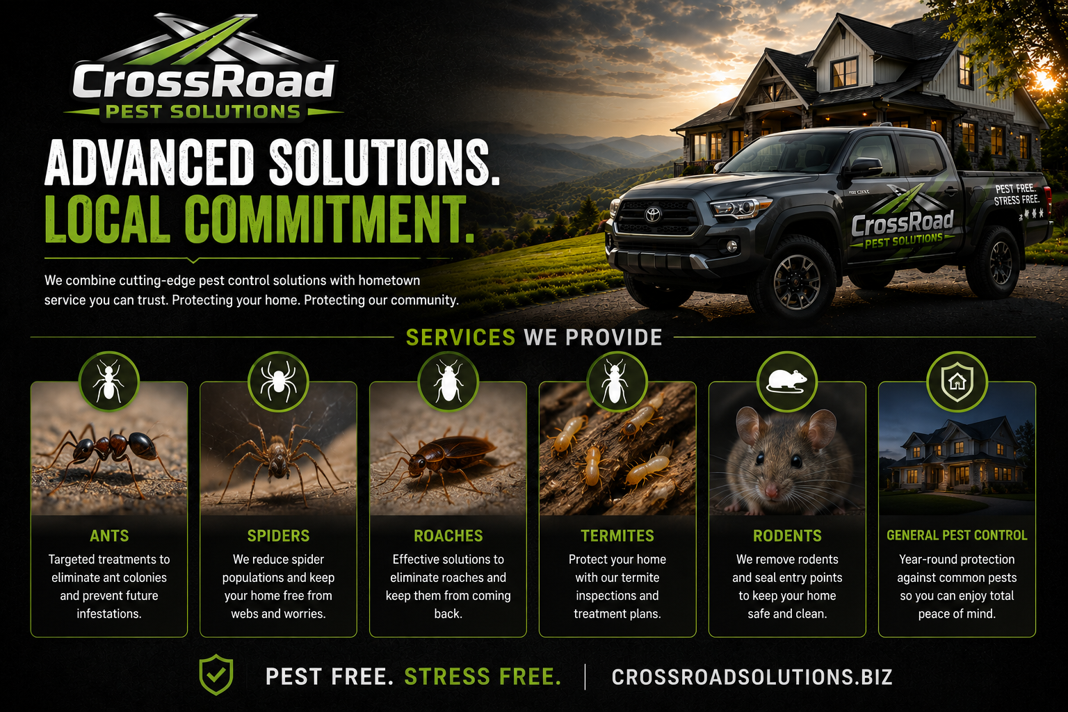 CrossRoad Pest Solutions ad with truck, woods, and service icons; “Advanced Solutions. Local Commitment.”