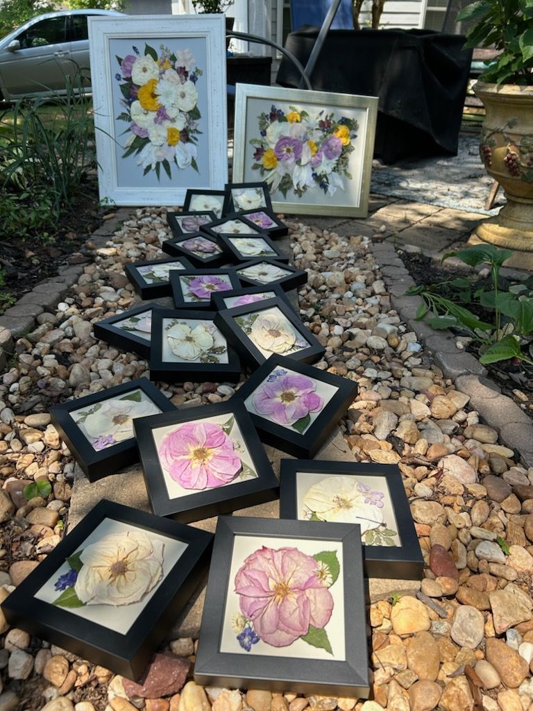 A bunch of framed pictures of flowers are sitting on a pile of rocks.