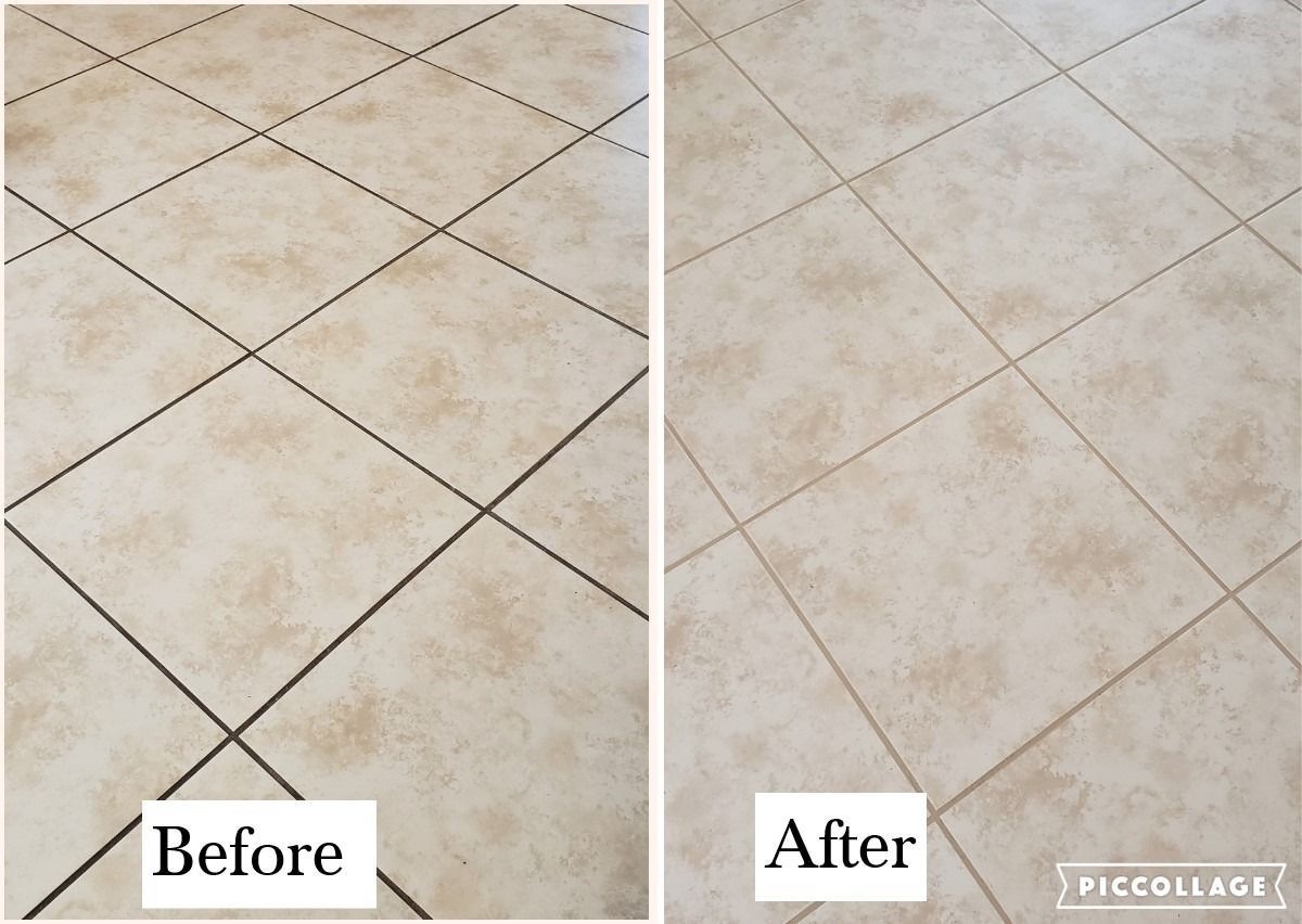 Before-and-after view of cleaned beige tile floor with grout lines removed or lightened