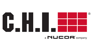 C.H.I. logo with black letters and red brick pattern, 