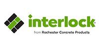 Logo of Interlock from Rochester Concrete Products. Green and black interlocking brick design with green text.