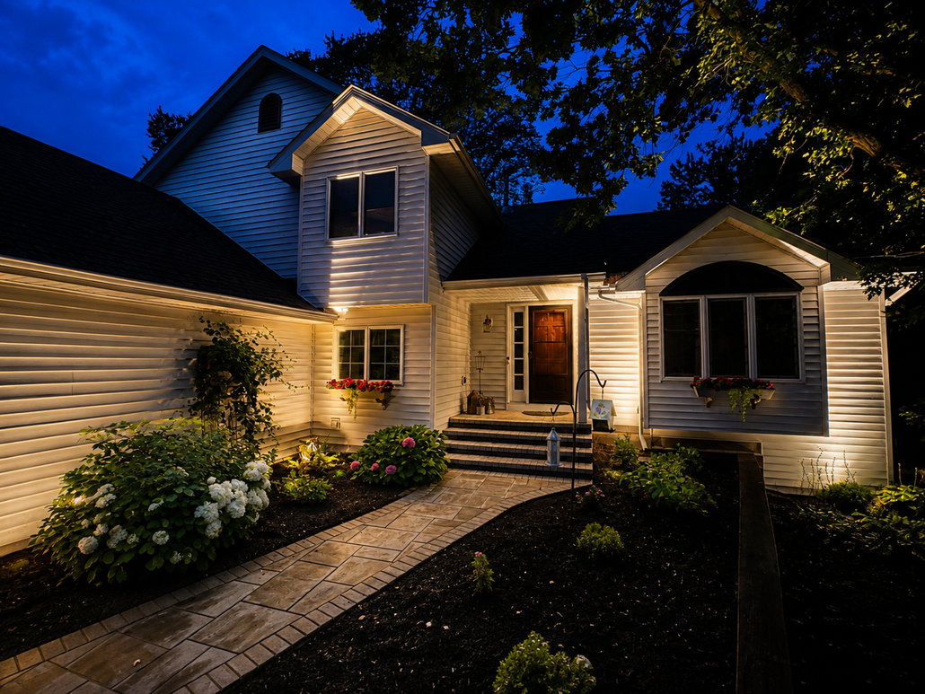 Well-lit suburban house at dusk with a front porch, walkway, and landscaped yard