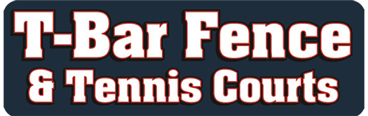 Logo for T-Bar Fence & Tennis Courts, white text on dark blue background with red border.