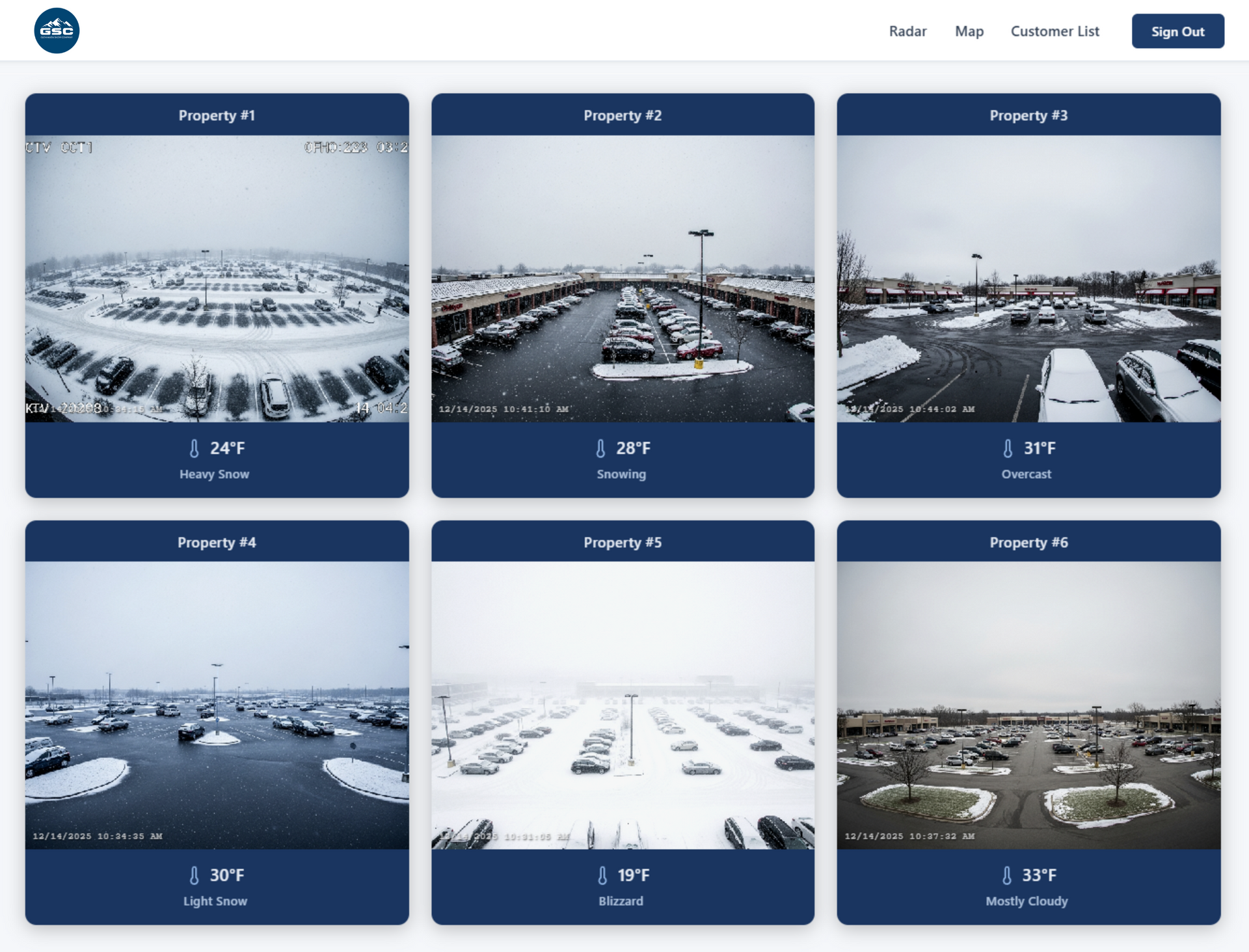 Six-panel dashboard of snowy outdoor camera views with parking lots and roads under cloudy skies